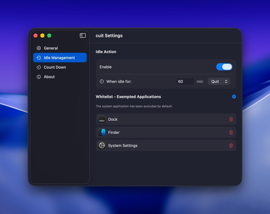 cuit Settings window showing the Idle Management pane with a 60-minute threshold and a whitelist of Dock, Finder, and System Settings