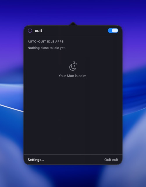 cuit menu bar popover showing Auto-Quit Idle Apps section and a calm-state Your Mac is calm message