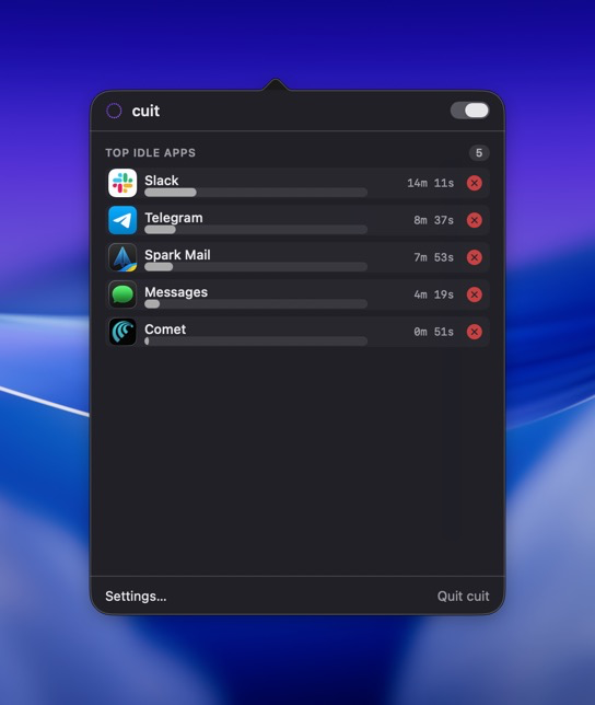 cuit menu bar popover listing the top 5 idle apps — Slack, Telegram, Spark Mail, Messages, Comet — each with a purple progress bar, idle duration, and a red Quit button